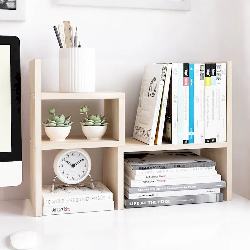 Organisateur de bureau en bois beige/blanc/marron/noir avec étagères réglables