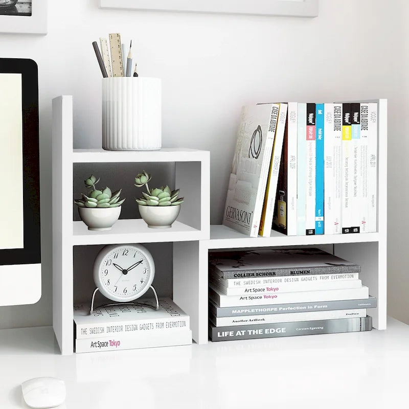 Organisateur de bureau en bois beige/blanc/marron/noir avec étagères réglables
