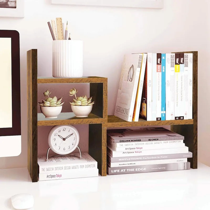 Organisateur de bureau en bois beige/blanc/marron/noir avec étagères réglables