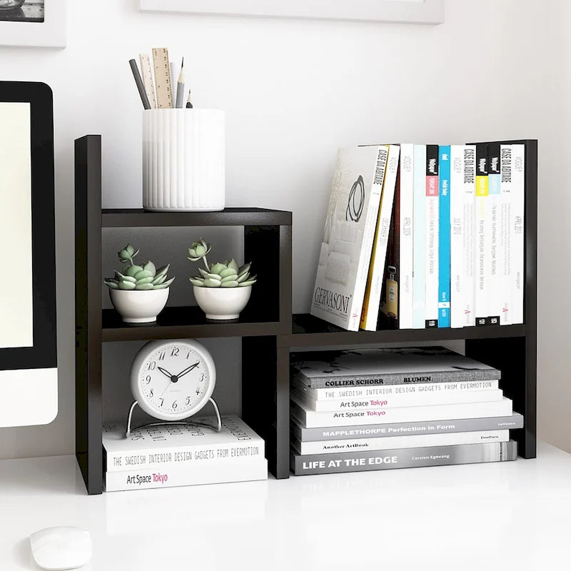 Organisateur de bureau en bois beige/blanc/marron/noir avec étagères réglables