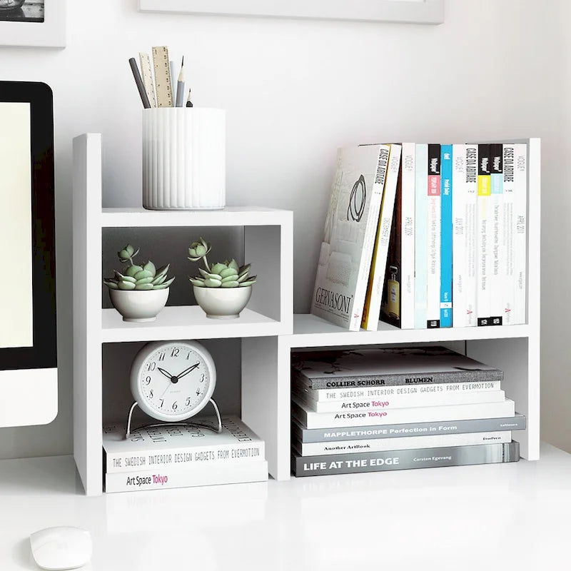Organisateur de bureau en bois beige/blanc/marron/noir avec étagères réglables