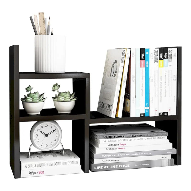 Organisateur de bureau en bois beige/blanc/marron/noir avec étagères réglables