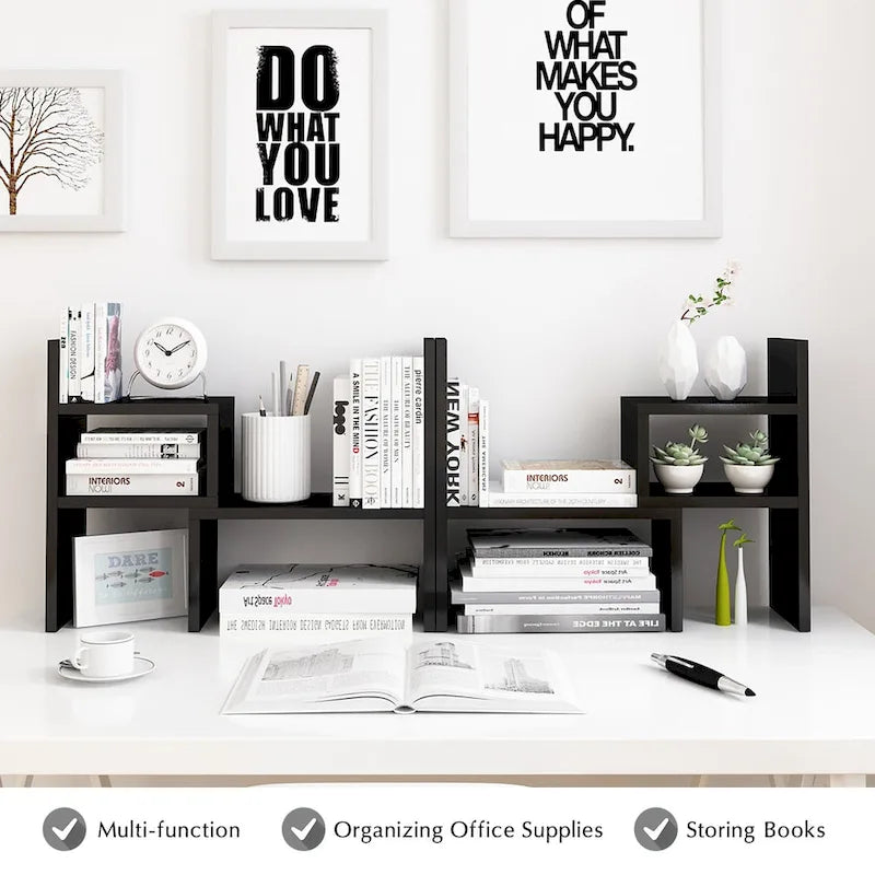 Organisateur de bureau en bois beige/blanc/marron/noir avec étagères réglables