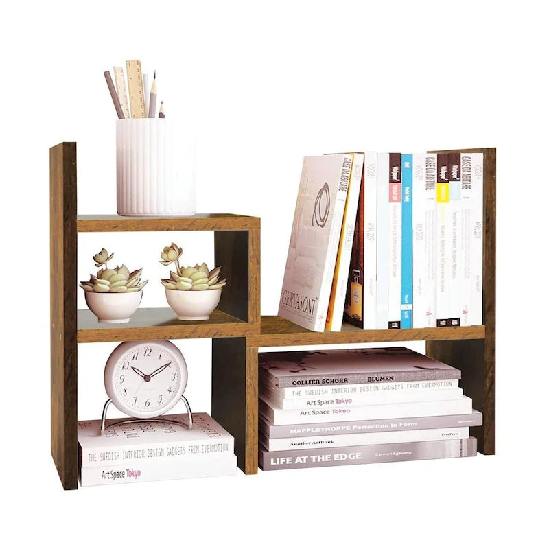 Organisateur de bureau en bois beige/blanc/marron/noir avec étagères réglables