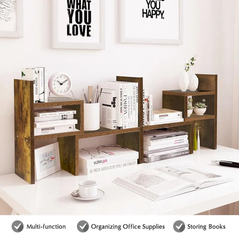 Organisateur de bureau en bois beige/blanc/marron/noir avec étagères réglables