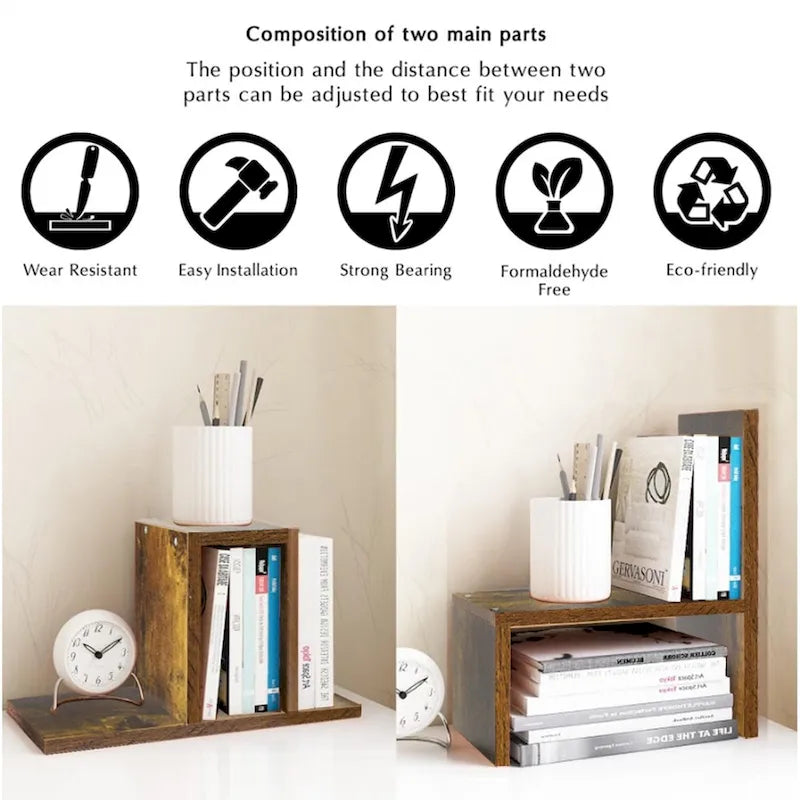 Organisateur de bureau en bois beige/blanc/marron/noir avec étagères réglables