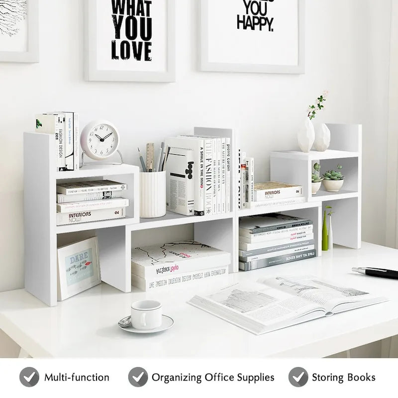 Organisateur de bureau en bois beige/blanc/marron/noir avec étagères réglables