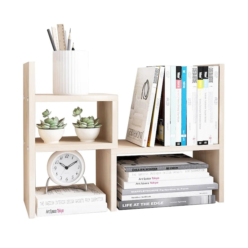 Organisateur de bureau en bois beige/blanc/marron/noir avec étagères réglables