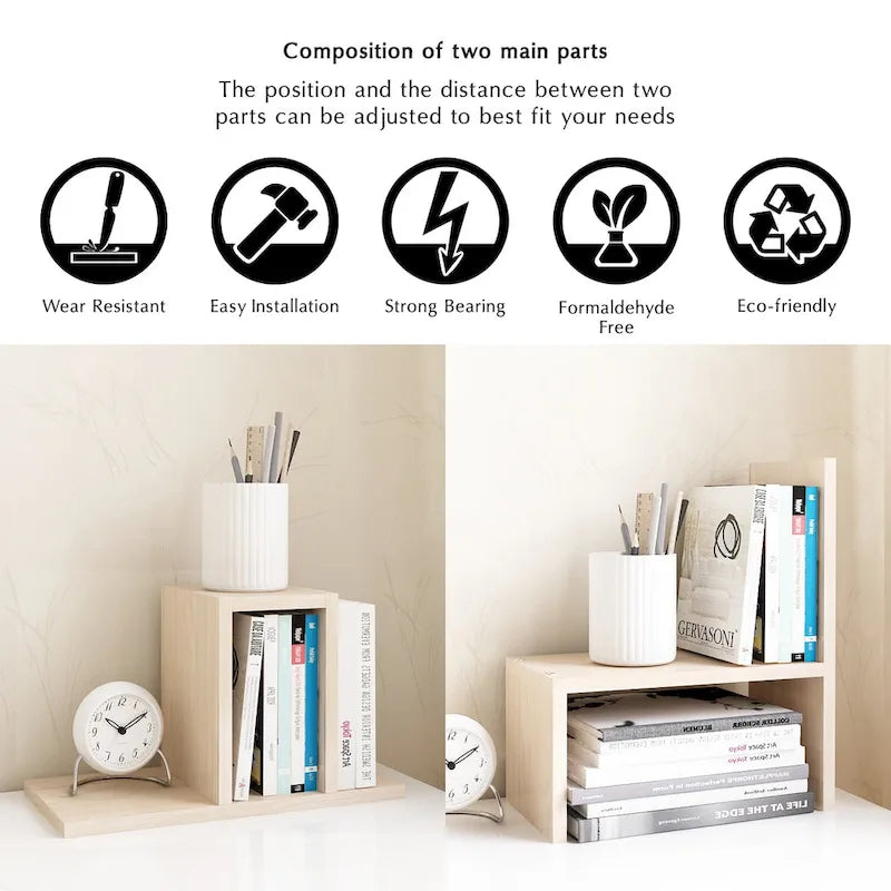 Organisateur de bureau en bois beige/blanc/marron/noir avec étagères réglables