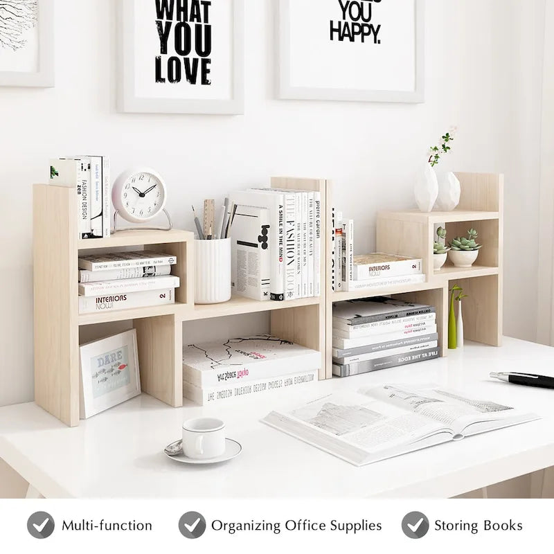 Organisateur de bureau en bois beige/blanc/marron/noir avec étagères réglables