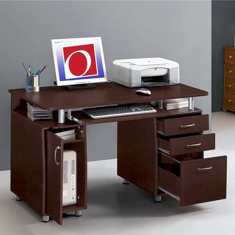 Bureau d'ordinateur avec classeur à 3 tiroirs et tablette coulissante pour clavier, Chocolat / Gris / Espresso, Style traditionnel, 1 personne