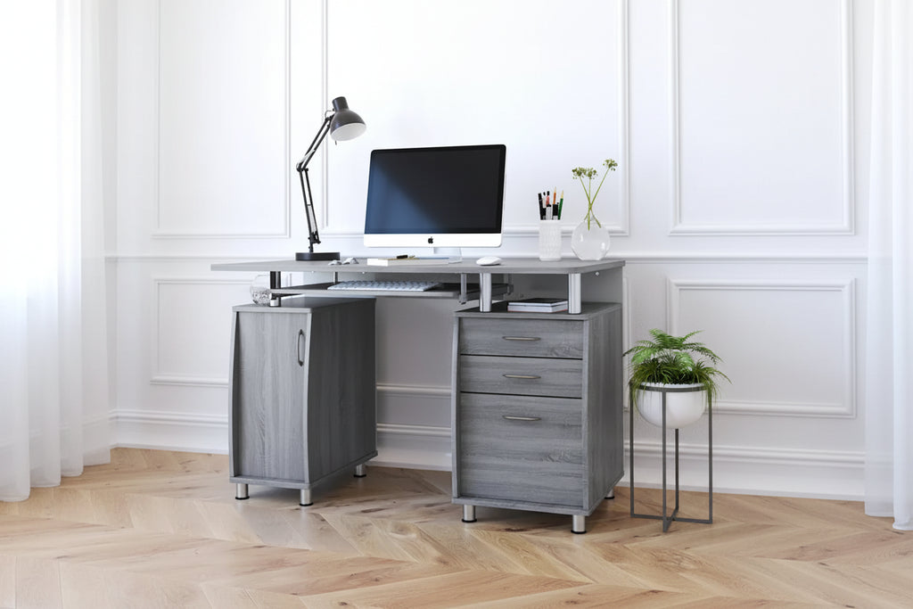 Bureau d'ordinateur avec classeur à 3 tiroirs et tablette coulissante pour clavier, Chocolat / Gris / Espresso, Style traditionnel, 1 personne