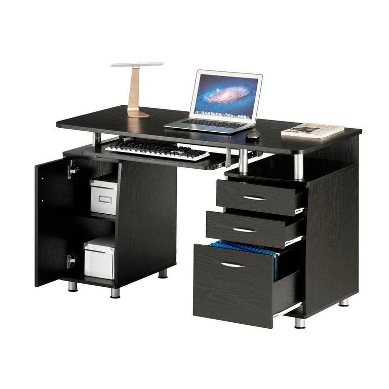 Bureau d'ordinateur avec classeur à 3 tiroirs et tablette coulissante pour clavier, Chocolat / Gris / Espresso, Style traditionnel, 1 personne