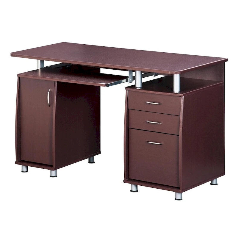 Bureau d'ordinateur avec classeur à 3 tiroirs et tablette coulissante pour clavier, Chocolat / Gris / Espresso, Style traditionnel, 1 personne