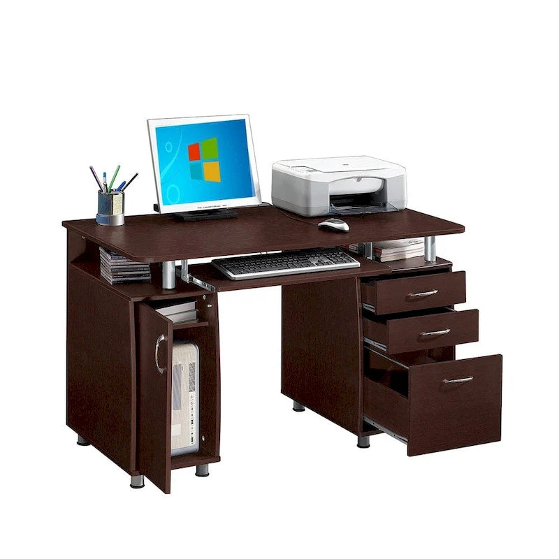 Bureau d'ordinateur avec classeur à 3 tiroirs et tablette coulissante pour clavier, Chocolat / Gris / Espresso, Style traditionnel, 1 personne