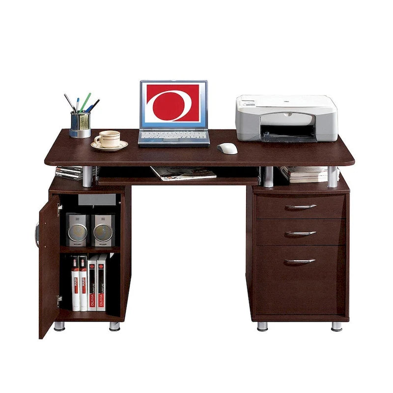 Bureau d'ordinateur avec classeur à 3 tiroirs et tablette coulissante pour clavier, Chocolat / Gris / Espresso, Style traditionnel, 1 personne