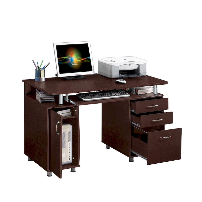 Bureau d'ordinateur avec classeur à 3 tiroirs et tablette coulissante pour clavier, Chocolat / Gris / Espresso, Style traditionnel, 1 personne