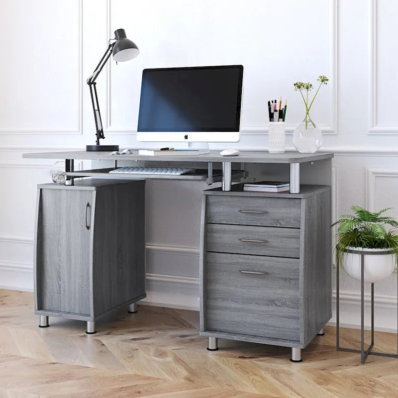 Bureau d'ordinateur avec classeur à 3 tiroirs et tablette coulissante pour clavier, Chocolat / Gris / Espresso, Style traditionnel, 1 personne