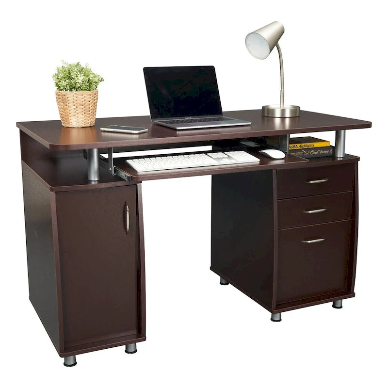 Bureau d'ordinateur avec classeur à 3 tiroirs et tablette coulissante pour clavier, Chocolat / Gris / Espresso, Style traditionnel, 1 personne