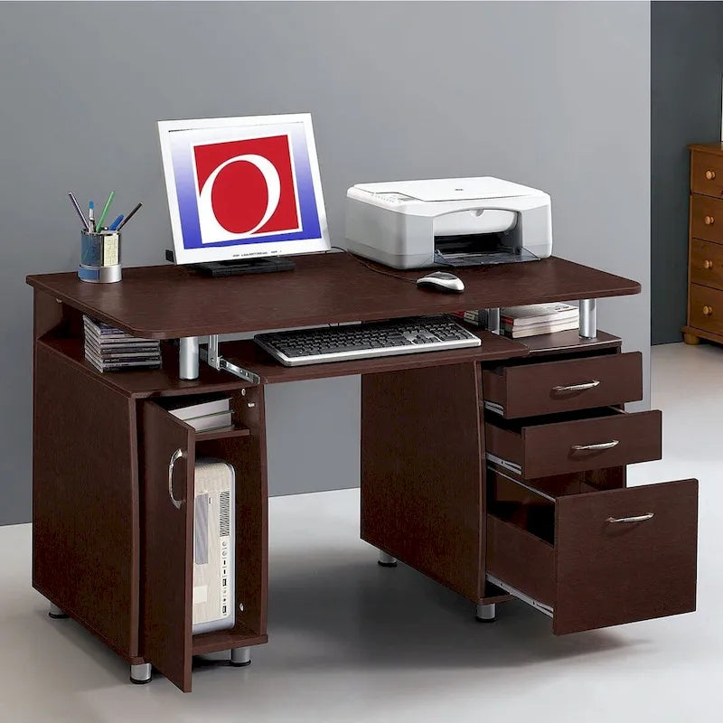 Bureau d'ordinateur avec classeur à 3 tiroirs et tablette coulissante pour clavier, Chocolat / Gris / Espresso, Style traditionnel, 1 personne