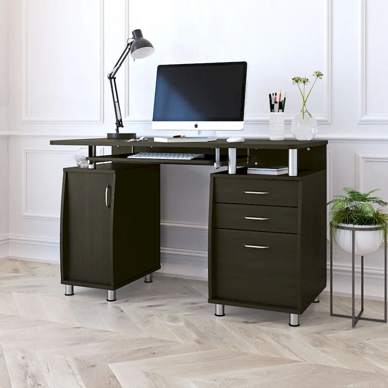 Bureau d'ordinateur avec classeur à 3 tiroirs et tablette coulissante pour clavier, Chocolat / Gris / Espresso, Style traditionnel, 1 personne