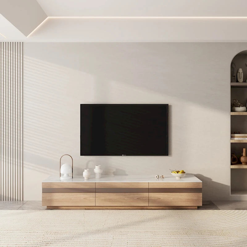 Meuble TV en bois clair et plateau en pierre avec tiroirs en verre teinté - 70.8 / 94.5 / 118 / 142 po