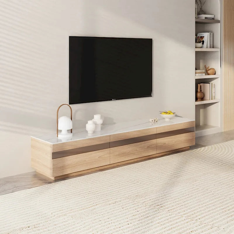 Meuble TV en bois clair et plateau en pierre avec tiroirs en verre teinté - 70.8 / 94.5 / 118 / 142 po