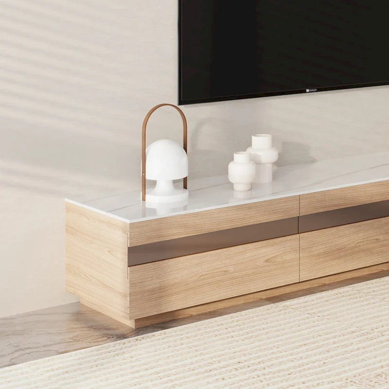 Meuble TV en bois clair et plateau en pierre avec tiroirs en verre teinté - 70.8 / 94.5 / 118 / 142 po