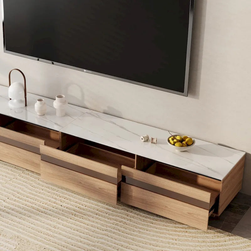 Meuble TV en bois clair et plateau en pierre avec tiroirs en verre teinté - 70.8 / 94.5 / 118 / 142 po