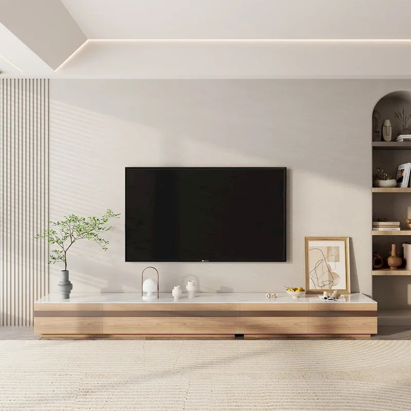 Meuble TV en bois clair et plateau en pierre avec tiroirs en verre teinté - 70.8 / 94.5 / 118 / 142 po