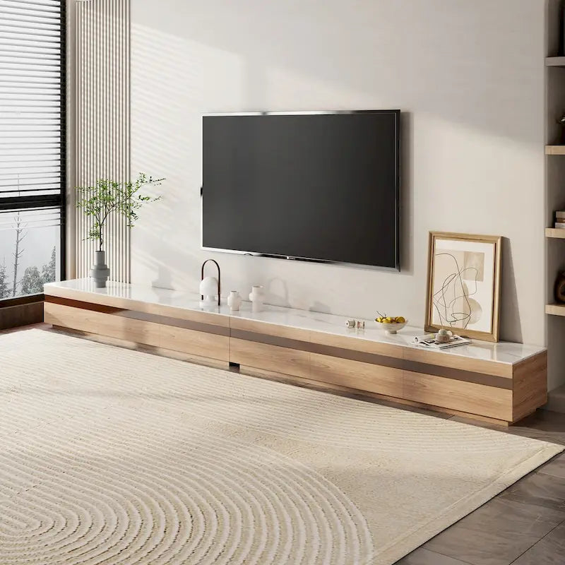 Meuble TV en bois clair et plateau en pierre avec tiroirs en verre teinté - 70.8 / 94.5 / 118 / 142 po