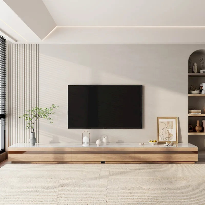 Meuble TV en bois clair et plateau en pierre avec tiroirs en verre teinté - 70.8 / 94.5 / 118 / 142 po
