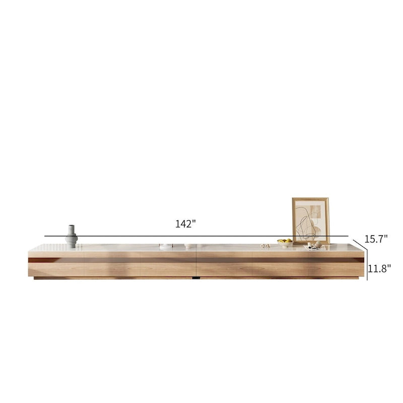 Meuble TV en bois clair et plateau en pierre avec tiroirs en verre teinté - 70.8 / 94.5 / 118 / 142 po