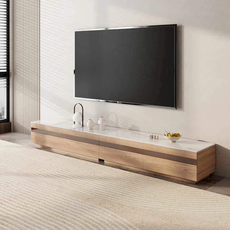 Meuble TV en bois clair et plateau en pierre avec tiroirs en verre teinté - 70.8 / 94.5 / 118 / 142 po