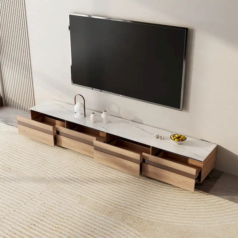 Meuble TV en bois clair et plateau en pierre avec tiroirs en verre teinté - 70.8 / 94.5 / 118 / 142 po