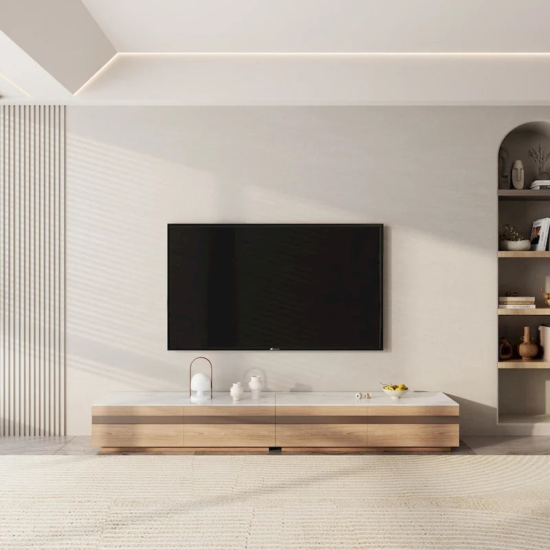 Meuble TV en bois clair et plateau en pierre avec tiroirs en verre teinté - 70.8 / 94.5 / 118 / 142 po