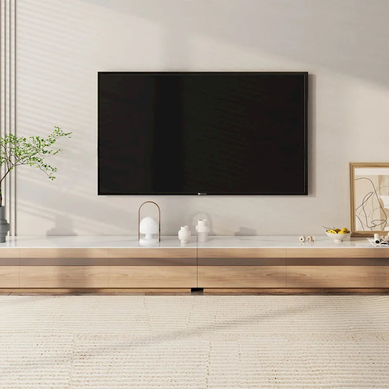 Meuble TV en bois clair et plateau en pierre avec tiroirs en verre teinté - 70.8 / 94.5 / 118 / 142 po