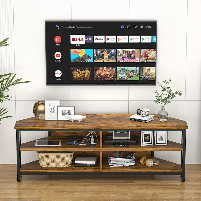 Meuble TV d'angle marron rustique / noir / chêne gris avec station de charge intégrée - Convient aux téléviseurs jusqu'à 60 pouces