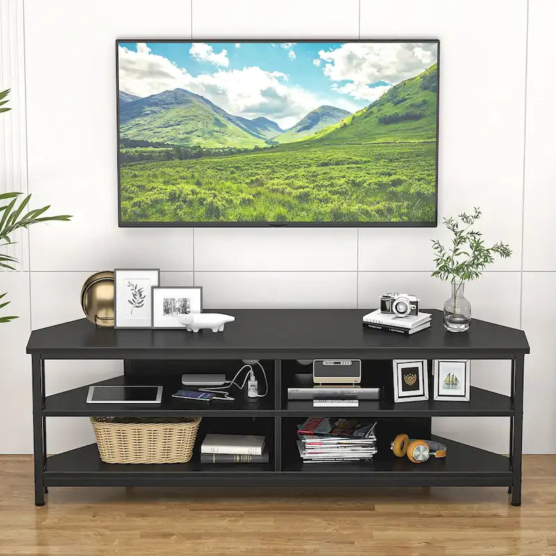 Meuble TV d'angle marron rustique / noir / chêne gris avec station de charge intégrée - Convient aux téléviseurs jusqu'à 60 pouces