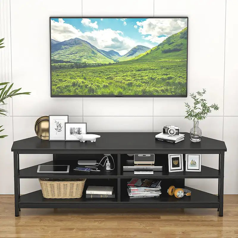 Meuble TV d'angle marron rustique / noir / chêne gris avec station de charge intégrée - Convient aux téléviseurs jusqu'à 60 pouces
