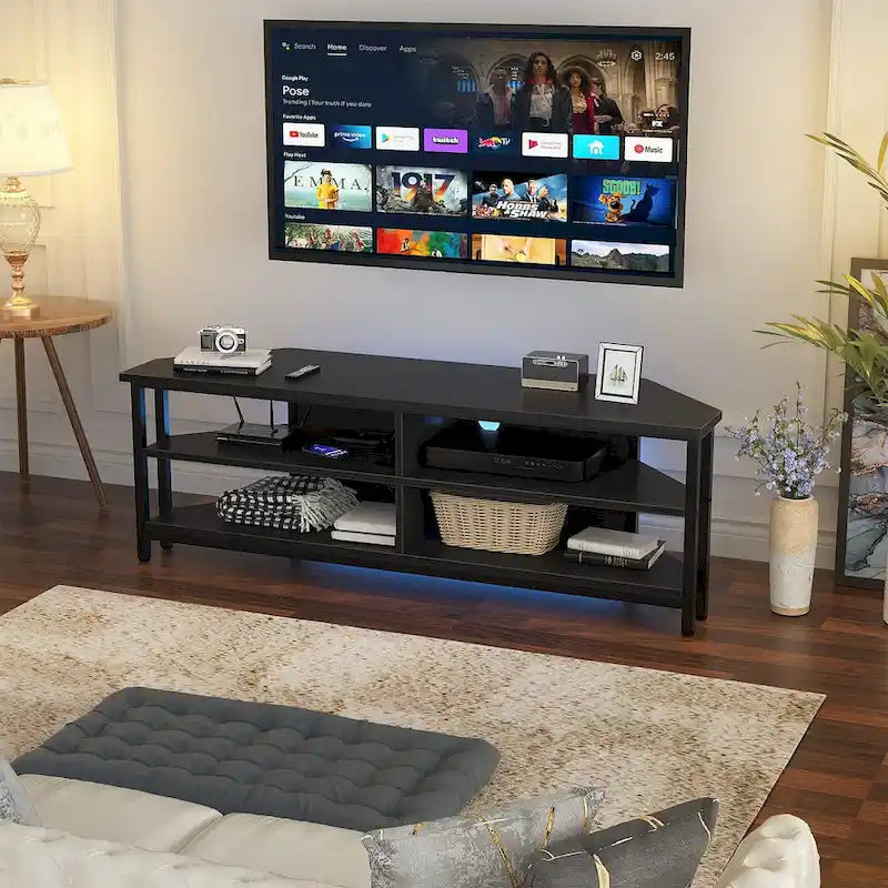 Meuble TV d'angle marron rustique / noir / chêne gris avec station de charge intégrée - Convient aux téléviseurs jusqu'à 60 pouces