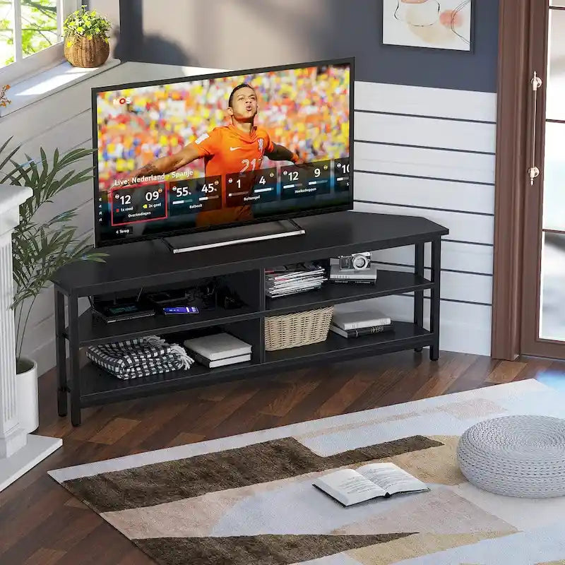 Meuble TV d'angle marron rustique / noir / chêne gris avec station de charge intégrée - Convient aux téléviseurs jusqu'à 60 pouces