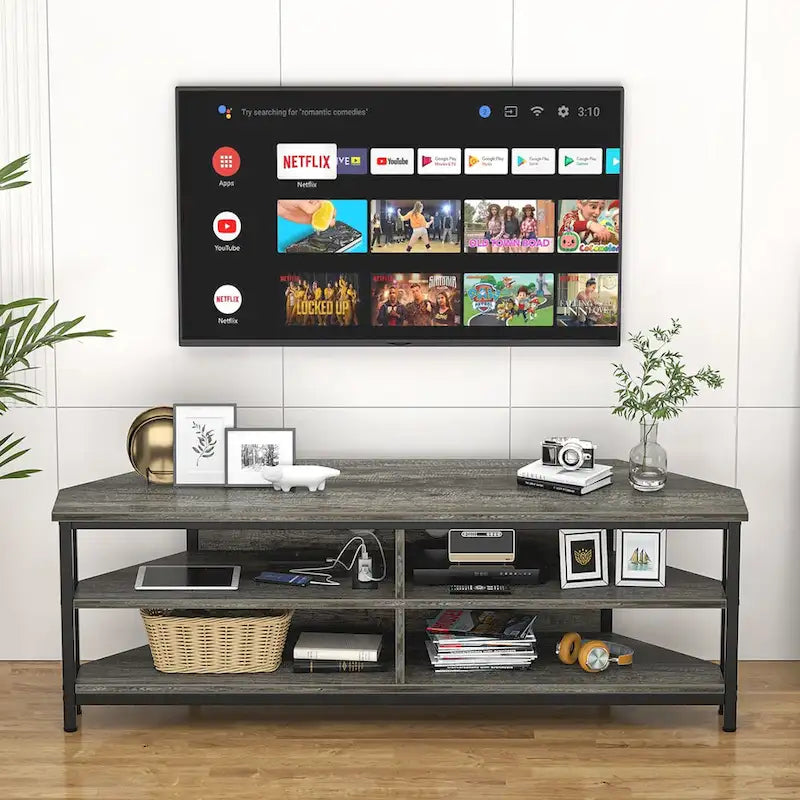 Meuble TV d'angle marron rustique / noir / chêne gris avec station de charge intégrée - Convient aux téléviseurs jusqu'à 60 pouces