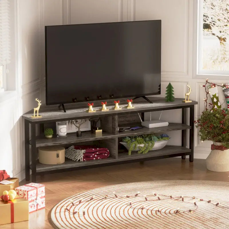 Meuble TV d'angle marron rustique / noir / chêne gris avec station de charge intégrée - Convient aux téléviseurs jusqu'à 60 pouces