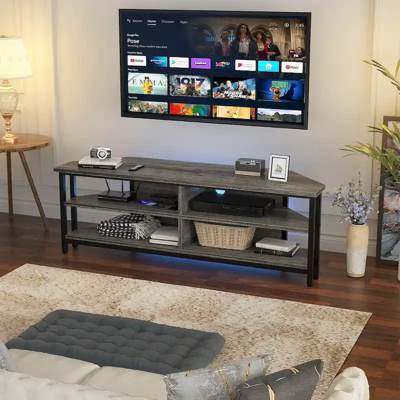 Meuble TV d'angle marron rustique / noir / chêne gris avec station de charge intégrée - Convient aux téléviseurs jusqu'à 60 pouces