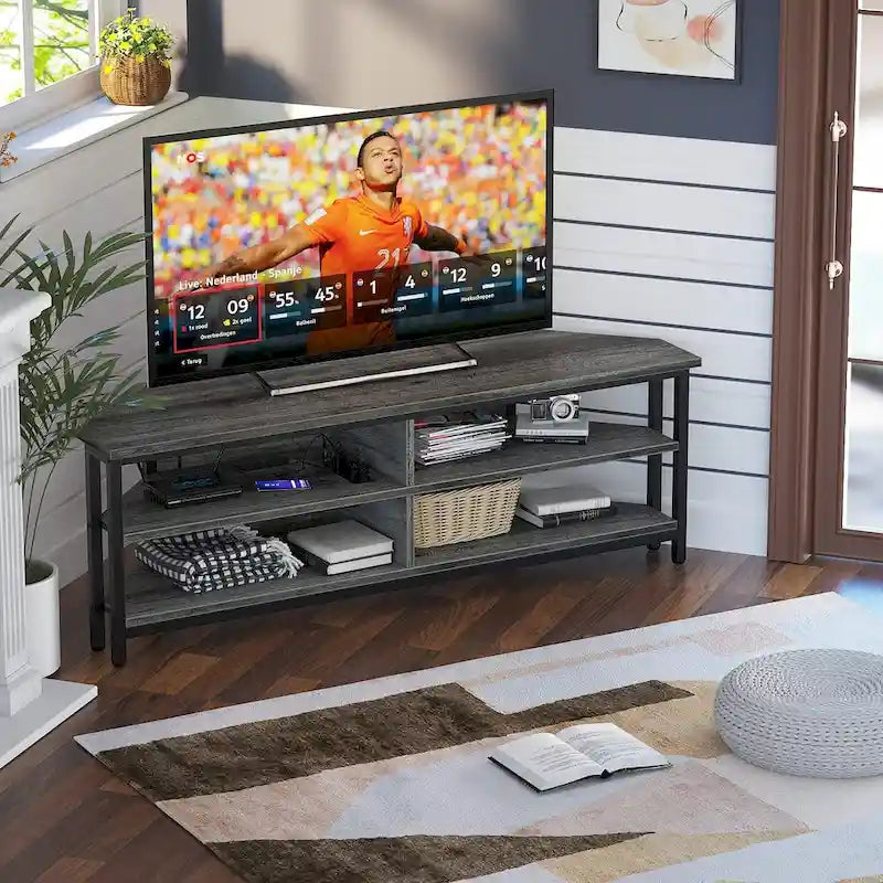 Meuble TV d'angle marron rustique / noir / chêne gris avec station de charge intégrée - Convient aux téléviseurs jusqu'à 60 pouces