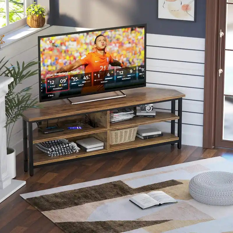 Meuble TV d'angle marron rustique / noir / chêne gris avec station de charge intégrée - Convient aux téléviseurs jusqu'à 60 pouces