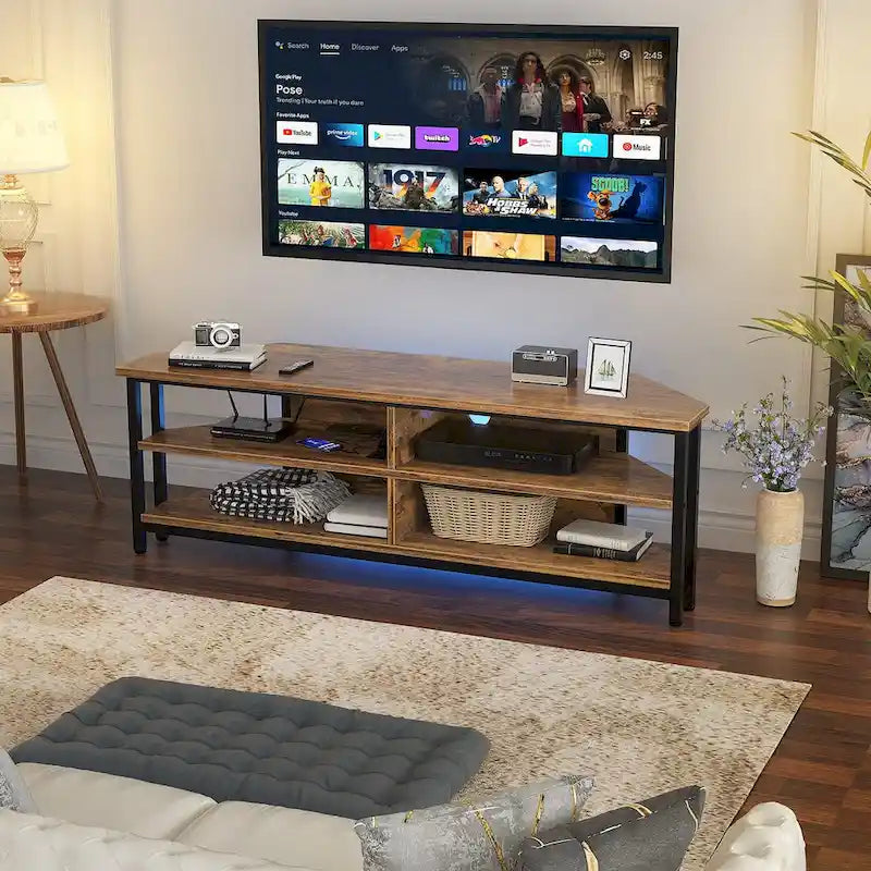 Meuble TV d'angle marron rustique / noir / chêne gris avec station de charge intégrée - Convient aux téléviseurs jusqu'à 60 pouces