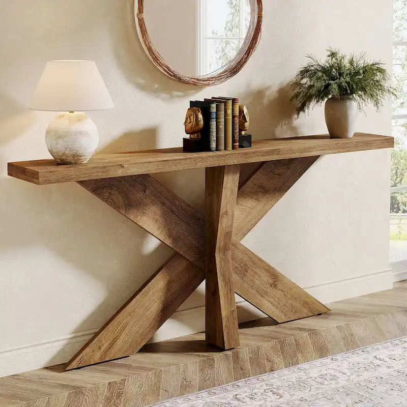 Console en bois de ferme brun avec piétement géométrique – 70,9 po