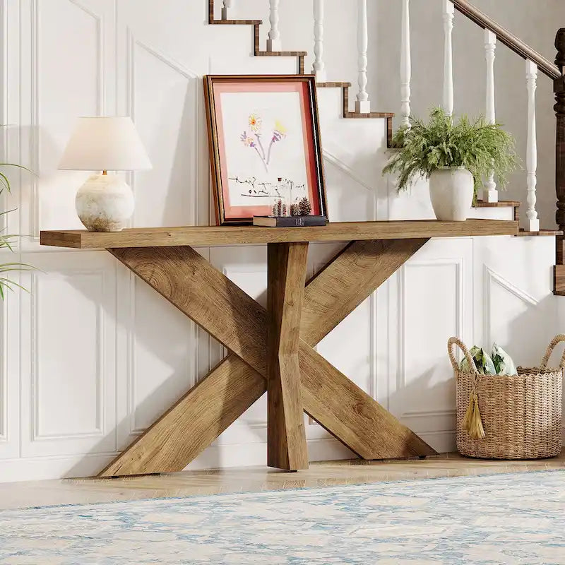 Console en bois de ferme brun avec piétement géométrique – 70,9 po